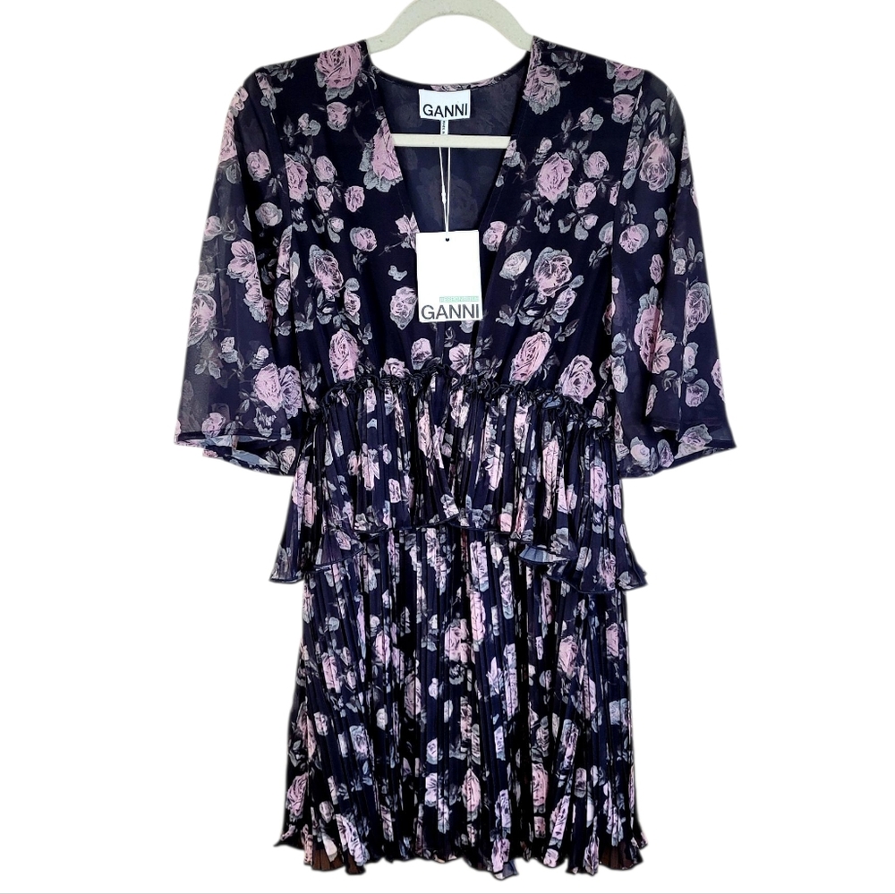 NWT GANNI Pleated Georgette V Neck Flounce Mini Dress In Phantom Floral Size 0 - Picture 4 of 14
